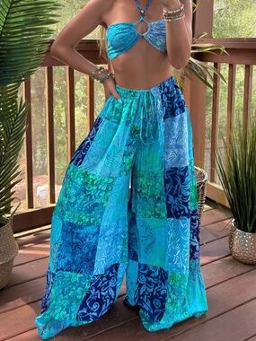 Ordinary Selenophile - Boho Isla Wide-Leg Patchwork Pants - Turquoise Blue